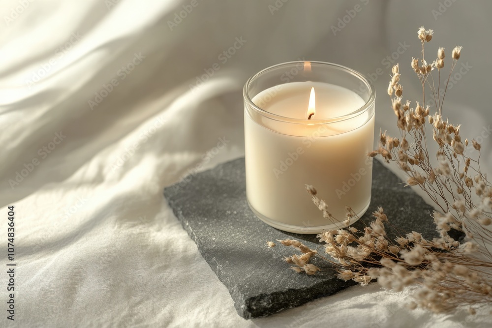 A beautifully styled scented candle mockup sits on a slate stone, accompanied by subtle dried flowers. The warm glow of the flame enhances the calming atmosphere, perfect for relaxation.