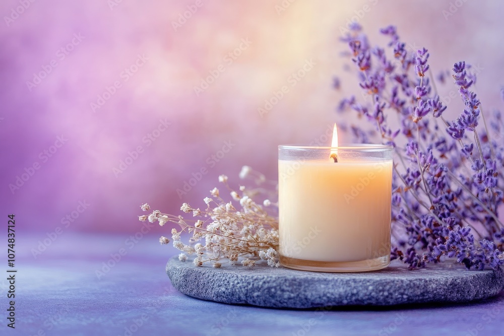 A beautifully styled soy candle jar sits atop a smooth stone. Surrounding the candle, delicate dried flowers add to the soothing ambiance, creating a peaceful and elegant display.