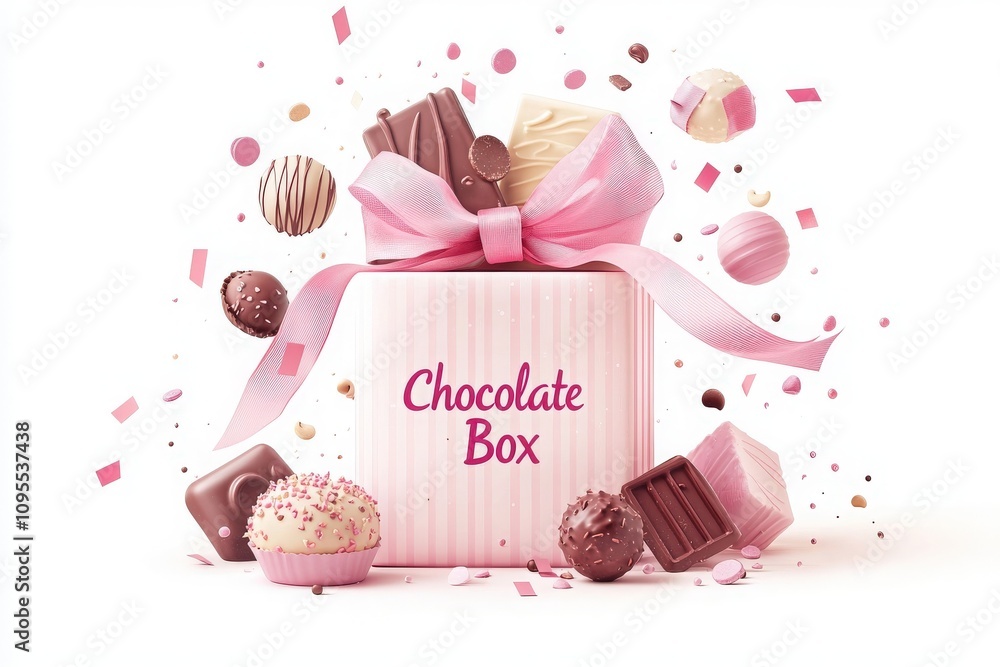 A beautifully wrapped chocolate box is surrounded by a variety of chocolates and pink confetti. The box features a pink ribbon and the words Chocolate Box, creating a festive atmosphere.