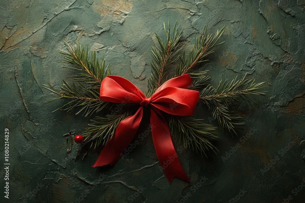 A beautifully wrapped gift featuring a vibrant red ribbon and fresh greenery is displayed on a textured, dark surface. The arrangement highlights the festive spirit of the holiday season.