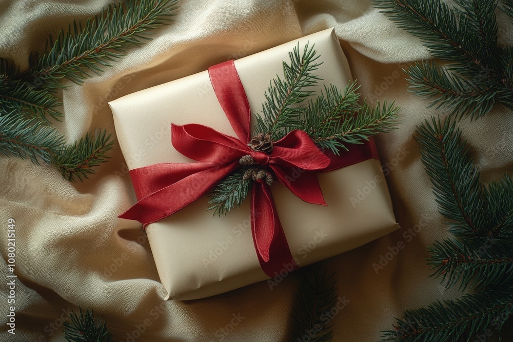 A beautifully wrapped gift rests atop soft fabric, adorned with a red ribbon and sprigs of pine for a festive touch. Surrounding foliage enhances its seasonal charm, evoking warmth and celebration.