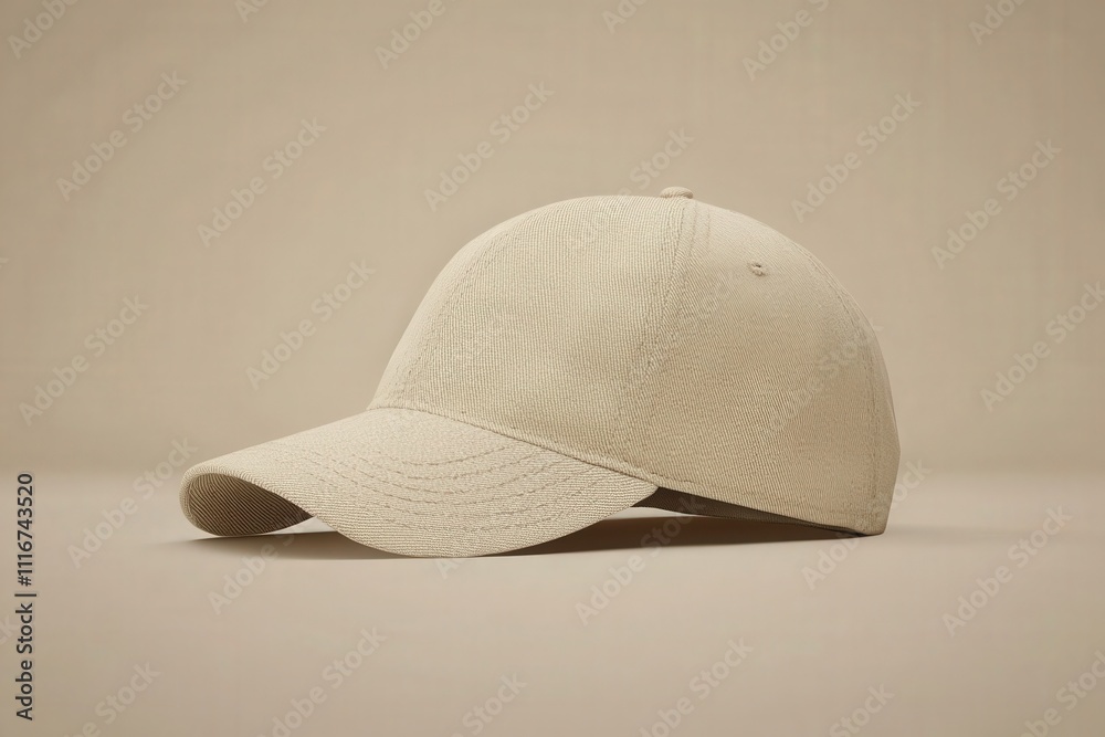 A beige cap is elegantly positioned on a smooth, neutral surface. The design features a classic baseball cap shape with a curved brim. Soft lighting highlights the texture and color.