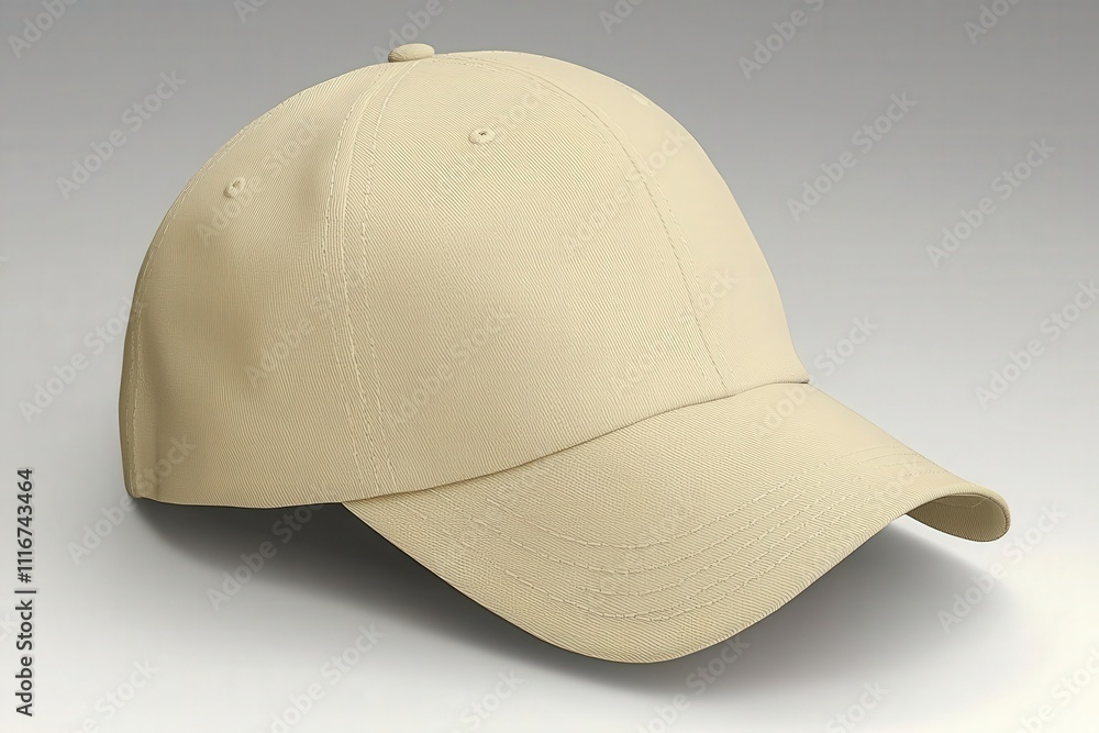 A beige cap rests on a smooth surface, displaying its simple design and curved brim. Ideal for outdoor activities, it offers comfort and sun protection for casual wear.