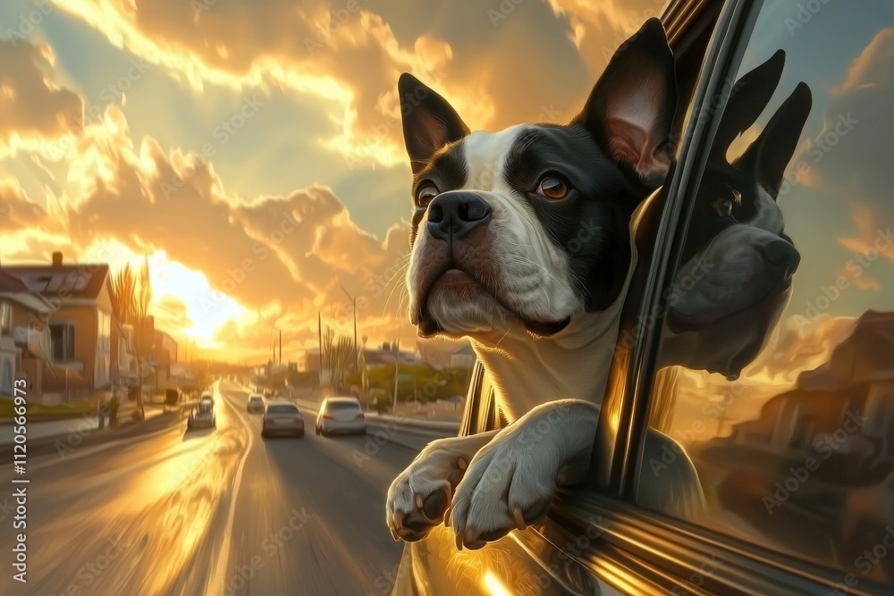 A black and white dog leans out of a car window, enjoying the breeze while the sun sets. The golden sky is filled with clouds, creating a tranquil atmosphere on a quiet road with few passing cars.