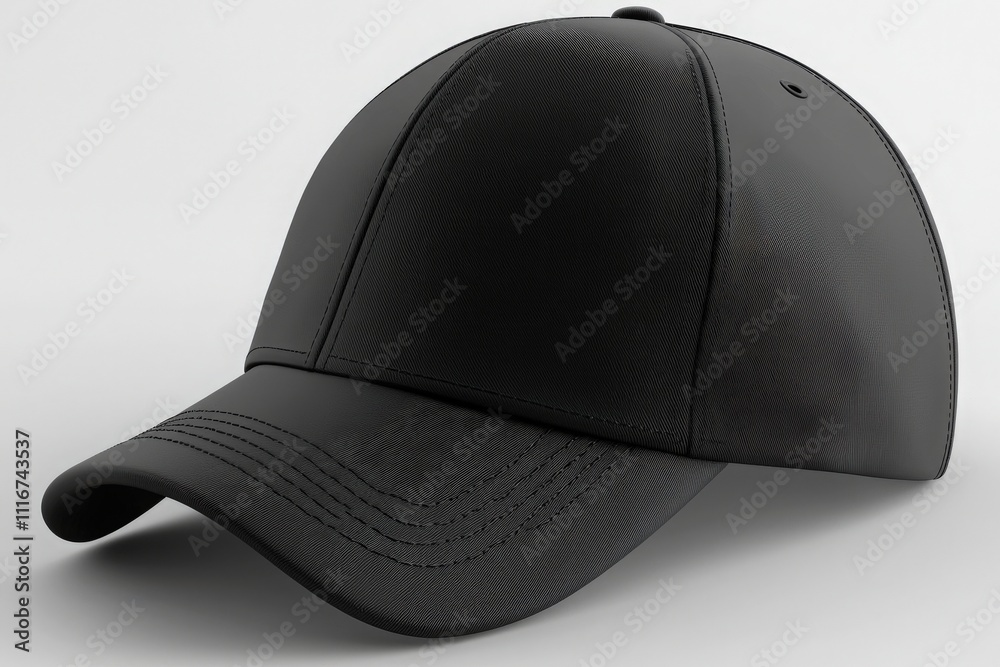 A black baseball cap is showcased on a plain surface. The cap features a classic design with a rounded crown and a curved brim, suitable for casual wear during various outdoor activities.