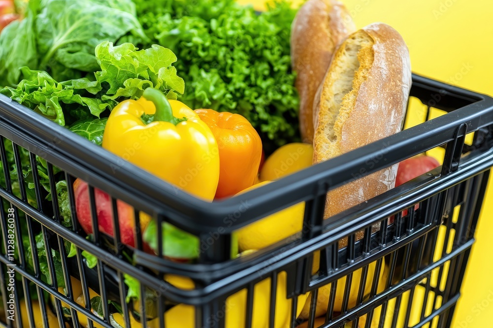 A black basket filled with fresh vegetables including bell peppers, lettuce, and apples, alongside two loaves of bread, placed against a vibrant yellow backdrop.
