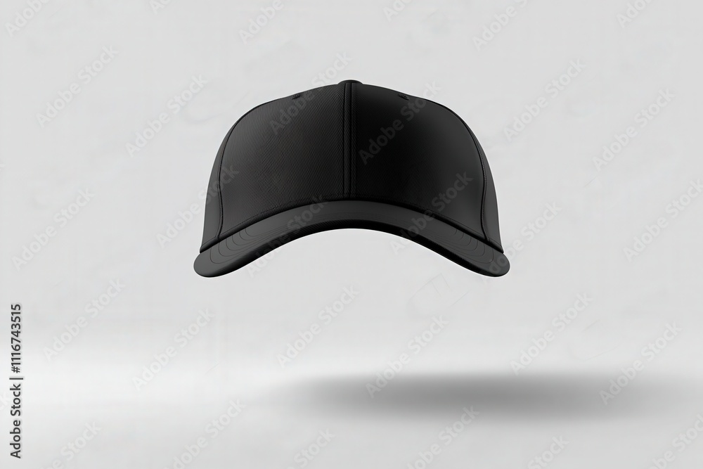 A black cap appears to float against a plain gray backdrop, emphasizing its sleek design and unique texture. The absence of distractions highlights the caps features and style.