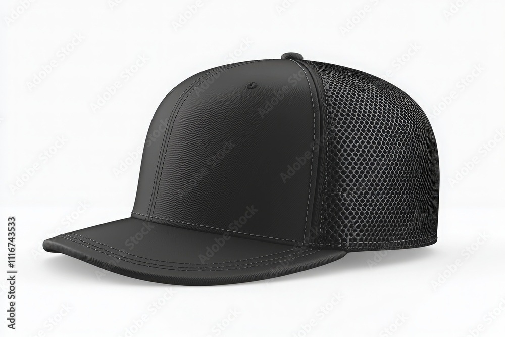 A black cap featuring a solid front and mesh back for breathability. Ideal for outdoor events, casual outings, or sports activities. Adjustable strap ensures a comfortable fit for various head sizes.
