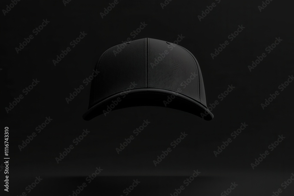A black cap floats elegantly in a dark environment, highlighting its sleek design and textured surface. The absence of distractions emphasizes the simplicity and style of the cap.