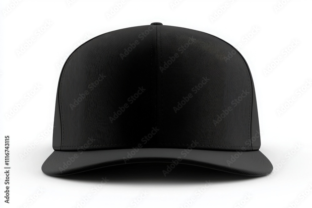 A black cap is centered on a white background, showcasing its smooth design and intricate texture. The focus is on its structured shape and minimalistic style, making it versatile for various outfits.