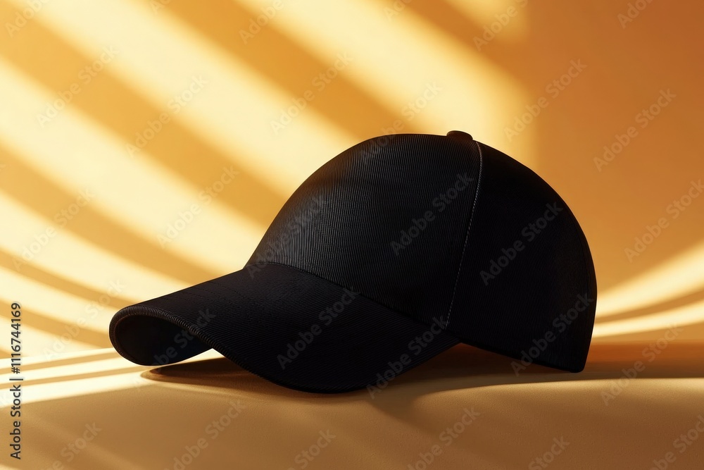 A black cap is placed on a smooth surface illuminated by soft, warm light. Light and shadows create an elegant pattern, emphasizing the caps design and texture.