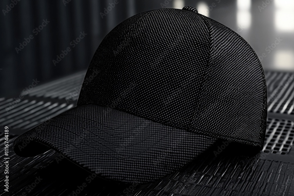 A black cap is positioned on a textured surface, showcasing its sleek design. Soft lighting highlights the caps fabric, creating a contemporary aesthetic in an indoor environment.