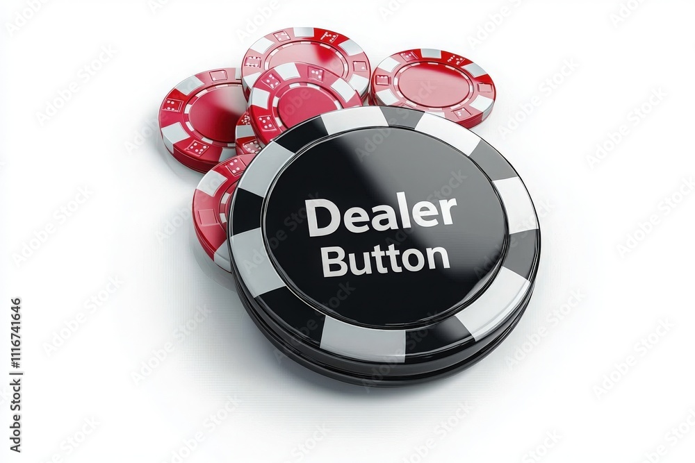 A black dealer button sits prominently atop a stack of colorful poker chips. The red and white chips add a vibrant touch to the setup, which is ideal for casino games.