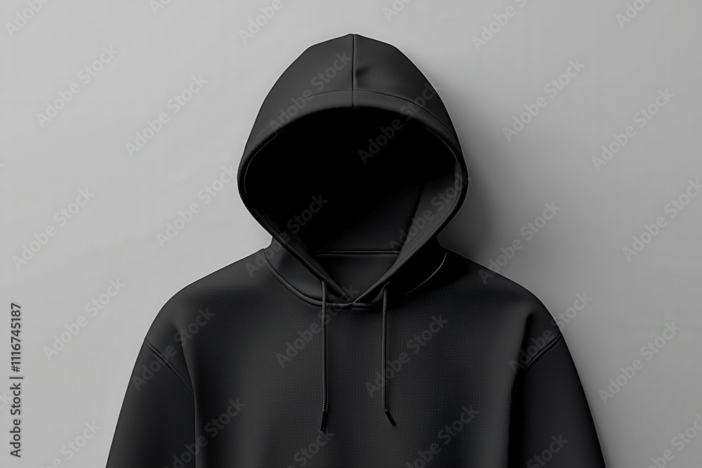 A black hooded sweatshirt is prominently featured against a smooth, light gray background, showcasing its simple design and texture, ideal for fashion presentations or online catalogs.