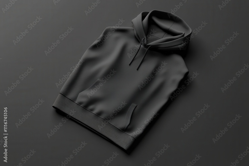 A black hoodie is laid flat against a dark surface, showcasing its soft texture and simple design. The absence of distractions highlights the hoodies modern appeal, ideal for casual wear.