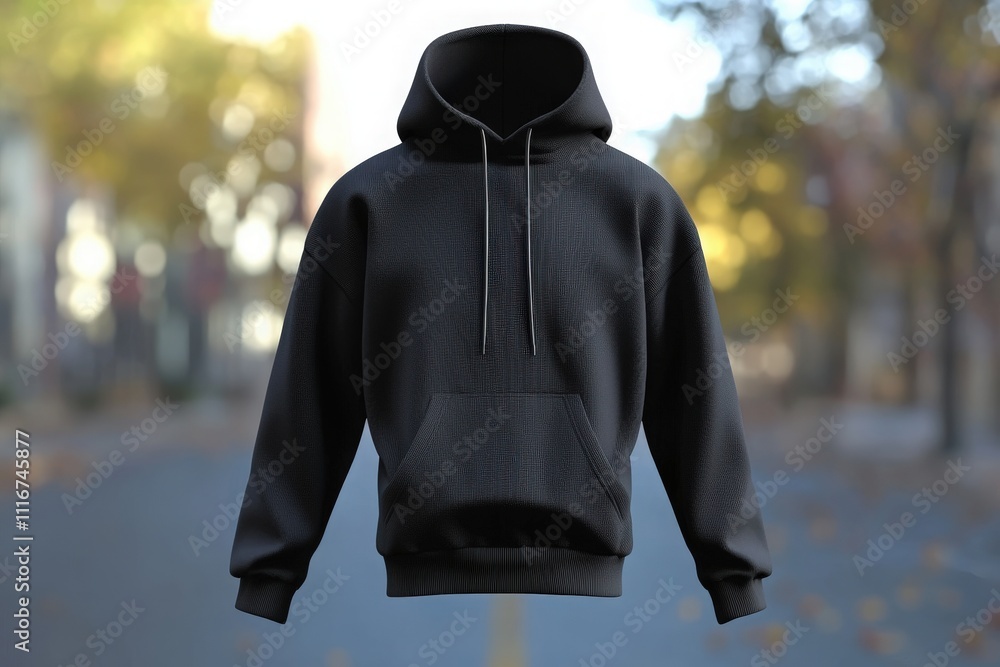 A black hoodie is set against a tranquil street backdrop, surrounded by autumn foliage. The setting reflects a serene atmosphere, showcasing seasonal changes in the environment.