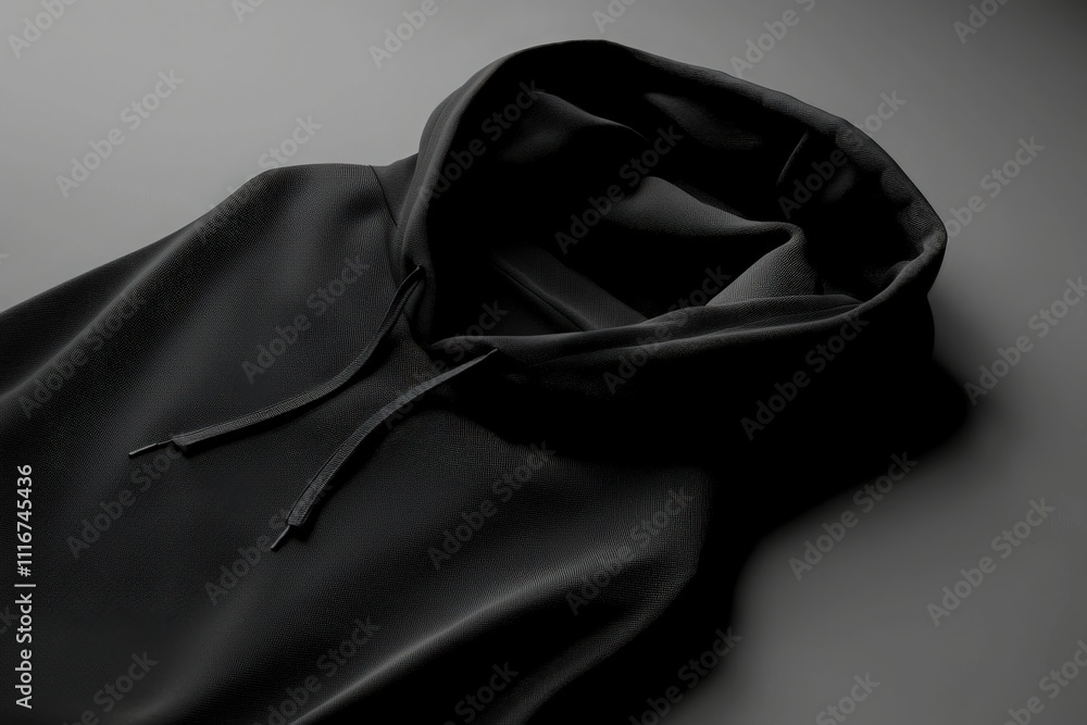 A black hoodie lies flat on a smooth, neutral background, highlighting its soft texture and minimalist design. The hood is slightly open, emphasizing the garments casual style.