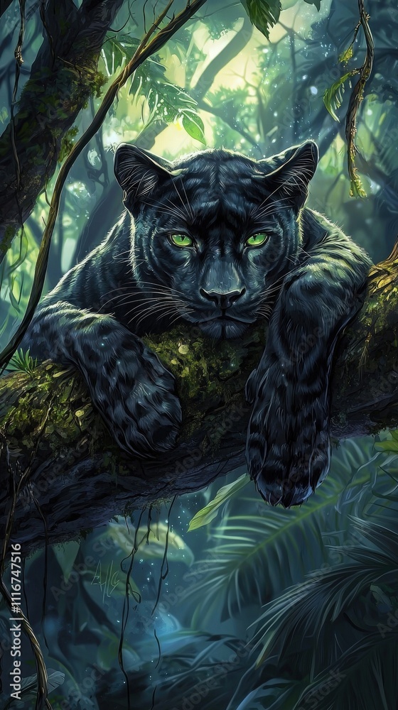 A black panther lounges on a moss-covered branch, surrounded by vibrant green foliage. The majestic creature gazes intently, blending with its serene environment during the day.