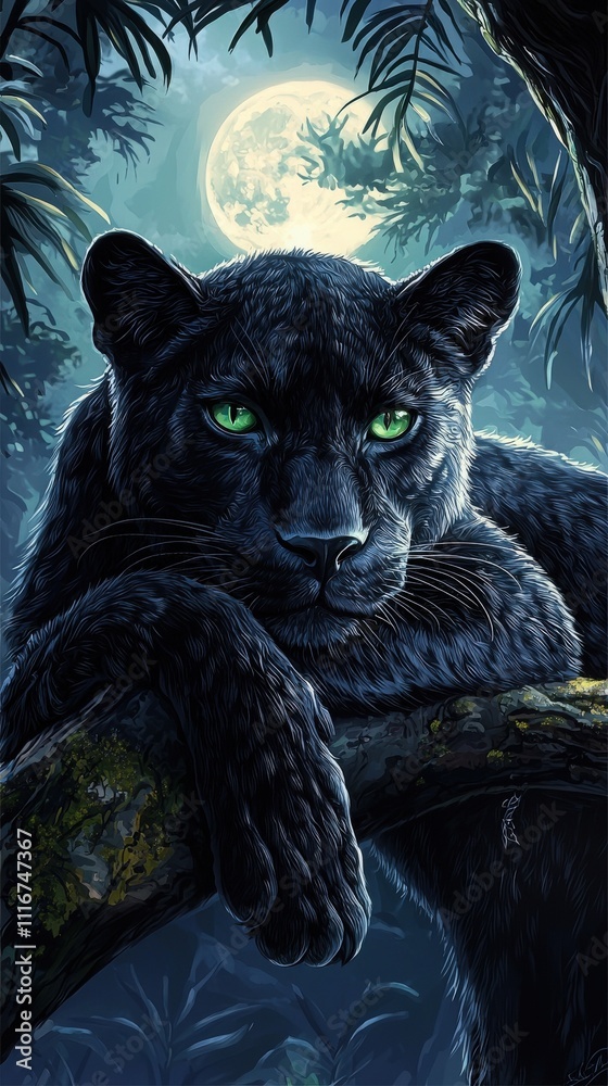A black panther lounges on a tree branch, its striking green eyes glowing in the moonlight. Surrounded by dense foliage, the scene captures the elegance of this nocturnal predator.