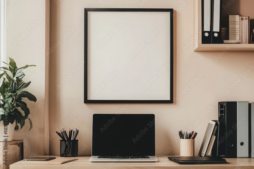 A black square frame hang on a light wall in a contemporary office setting. The workspace features a laptop, stationery holders, and shelves with books, creating a serene atmosphere.