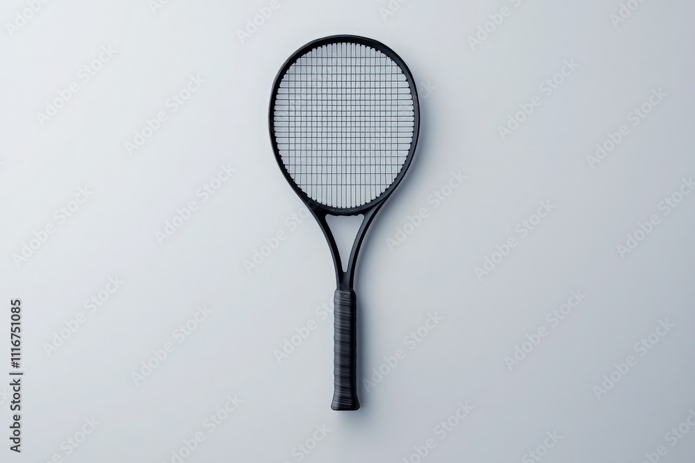 A black tennis racket rests flat on a light-colored surface, showcasing its sleek design and strings. Ideal for preparation before practice or a competitive match, it awaits action.