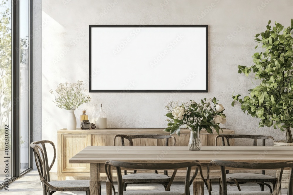 A blank black frame is displayed prominently on a wall within a stylish dining area. The room features a wooden table and decorative elements like plants and flowers, providing a serene atmosphere.