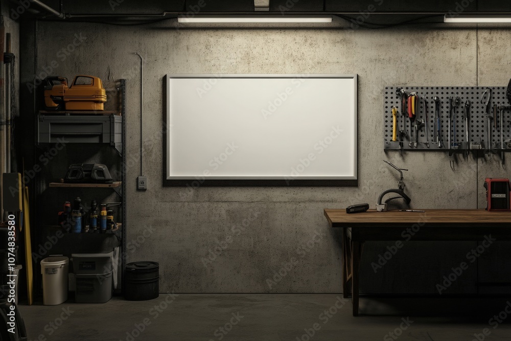 A blank rectangular white frame is mounted on a textured concrete wall in a workshop. Tools and storage can be seen around the frame, creating an inviting space for creativity.