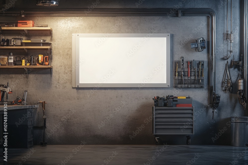 A blank rectangular white frame is mounted on a textured wall, surrounded by various tools and equipment, creating a versatile space suitable for customization or art display.