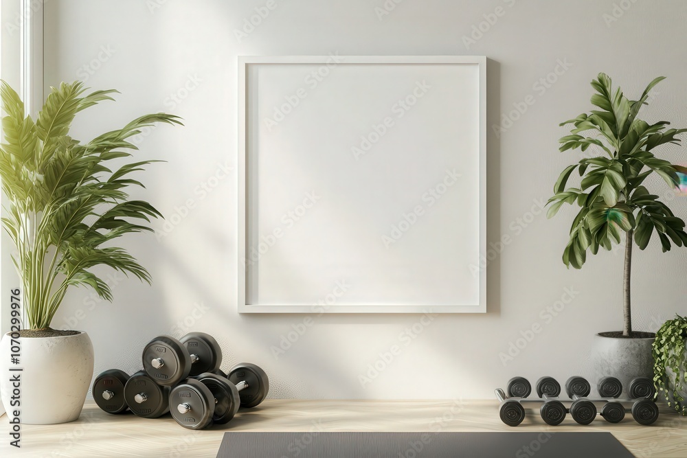 A blank square white frame is positioned on a light-colored wall surrounded by lush indoor plants and a set of weights on the floor, creating a serene and modern atmosphere.