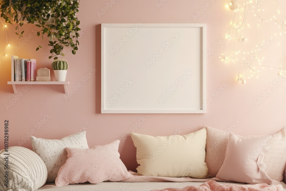A blank white frame is positioned on a pastel pink wall above a cozy seating area adorned with soft cushions. Plants and fairy lights create a warm atmosphere in this inviting space.