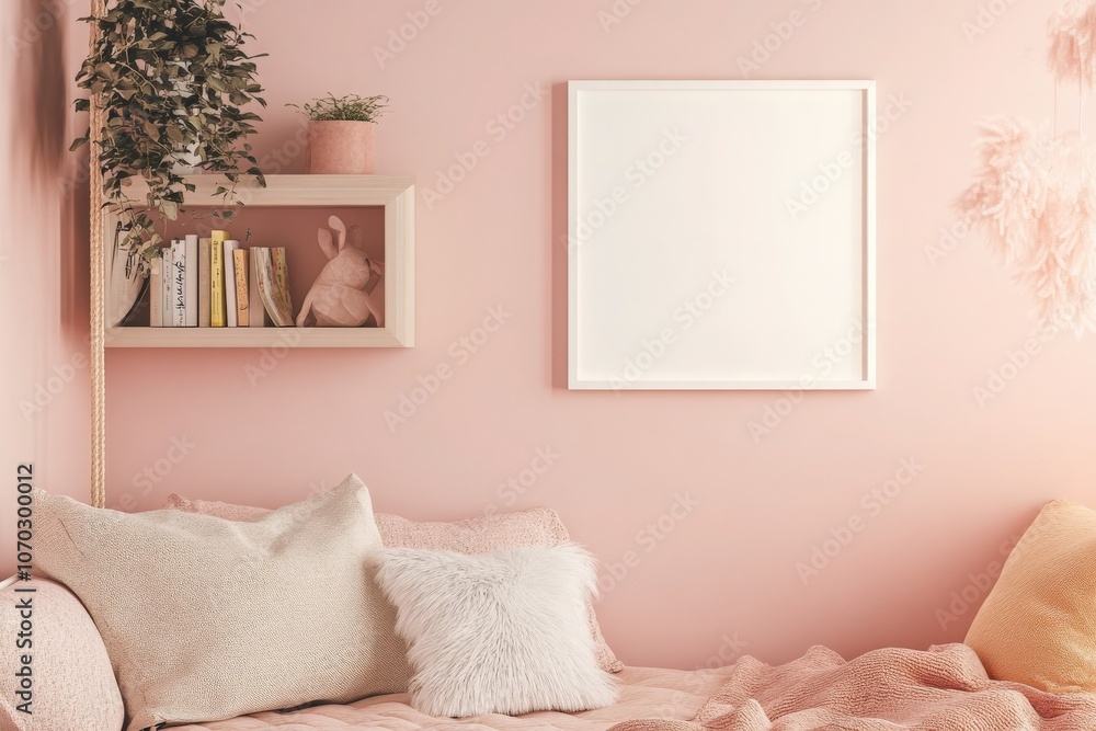 A blank white square frame is centered on a soft pink wall, surrounded by cozy decor elements. A shelf with books and plants adds a gentle, inviting ambiance to the space.