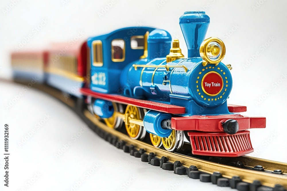 A blue and red toy train moves along a curved track. The vibrant colors and intricate details of the train create a cheerful atmosphere, appealing to childrens imaginations and playtime.