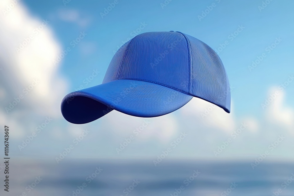 A blue cap hovers in the air against a backdrop of a bright sky and calm ocean. The scene captures a serene moment with soft clouds and open space.
