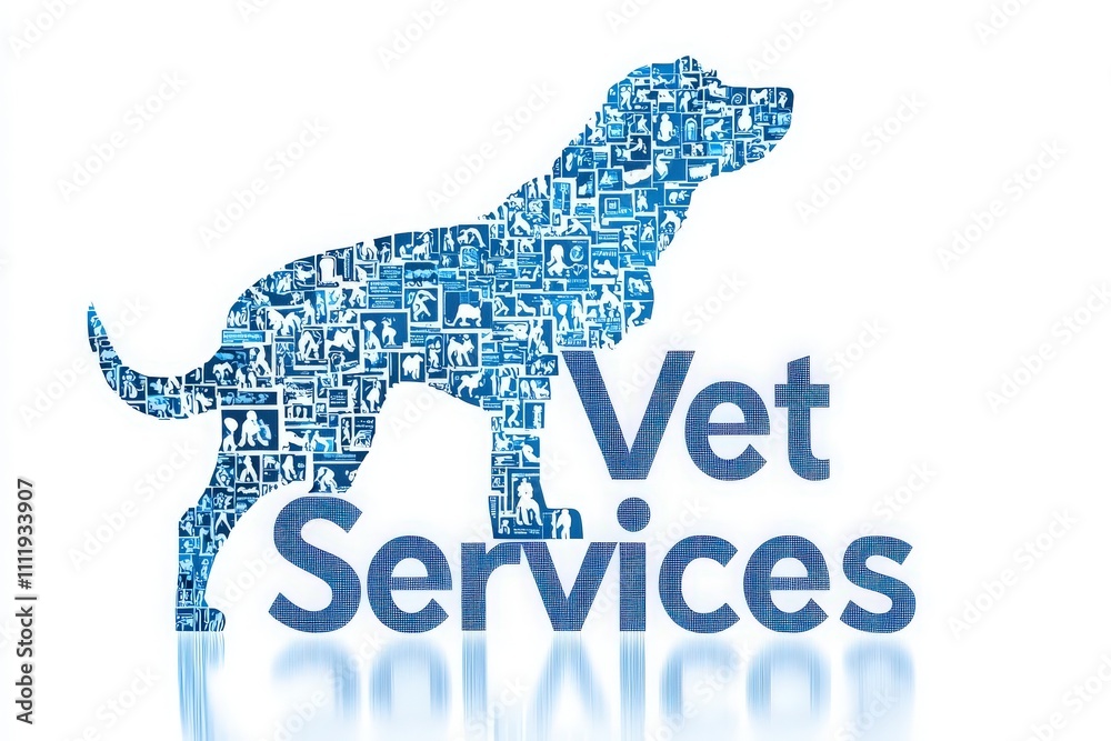 A blue logo featuring a dog silhouette filled with various images related to pet care. This design represents vet services aimed at animal health and well-being in a modern style.