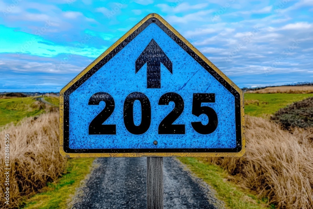 A blue sign displaying the number 2025 stands prominently along a dirt path in a rural area. The landscape features rolling green fields and a dramatic sky, reflecting a serene environment.