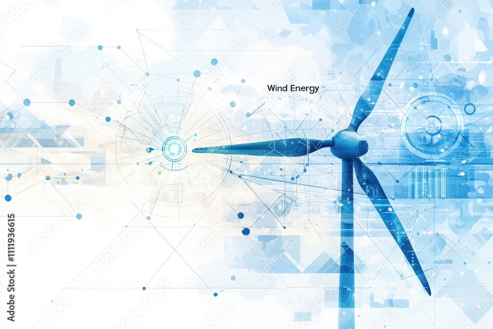 A blue wind turbine stands prominently against an abstract technological background, highlighting themes of renewable energy and innovation. The design emphasizes environmental sustainability.