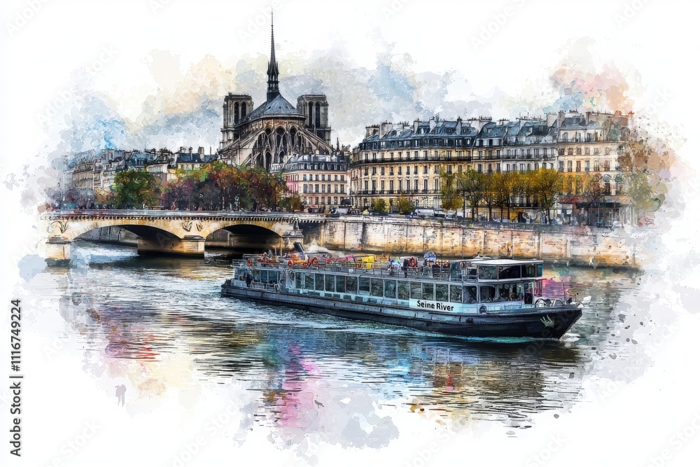 A boat glides along the Seine River, offering a picturesque view of the historic Notre Dame Cathedral, surrounded by autumn foliage, capturing the charm of Paris in fall.