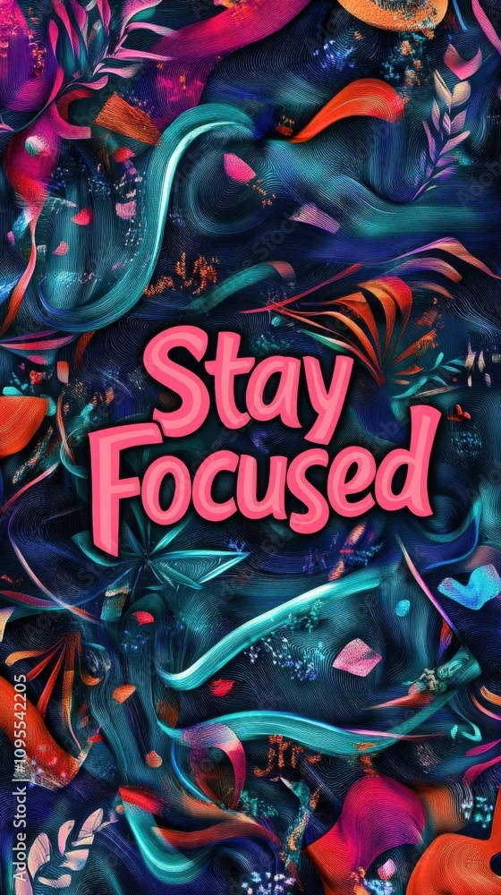 A bold graphic design featuring the phrase Stay Focused surrounded by colorful, flowing textures and abstract elements. The vivid hues create an inspiring atmosphere for creativity.