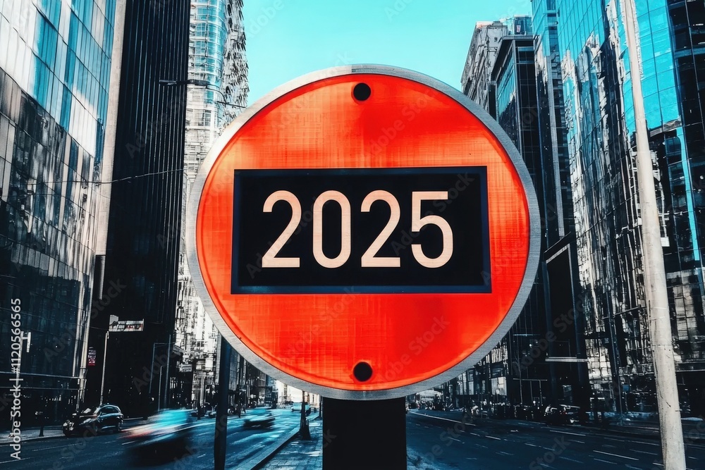 A bold red circular sign features the year 2025 prominently at its center. Surrounding skyscrapers reflect a vibrant urban landscape, indicating a bustling city atmosphere.