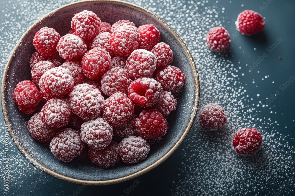 A bowl brimming with vibrant, fresh raspberries is topped with a delicate layer of powdered sugar. The colorful berries are freshly picked and ready to enjoy, perfect for any dessert.