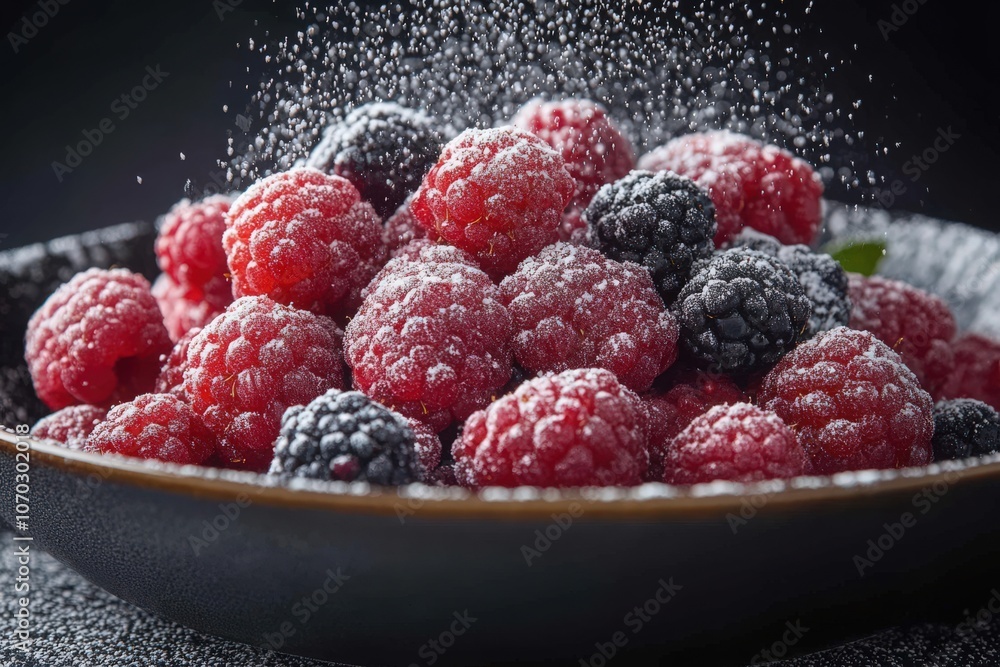 A bowl brimming with vibrant red raspberries and dark blackberries is lightly sprinkled with powdered sugar, creating a delightful contrast. This colorful arrangement invites a sweet treat.