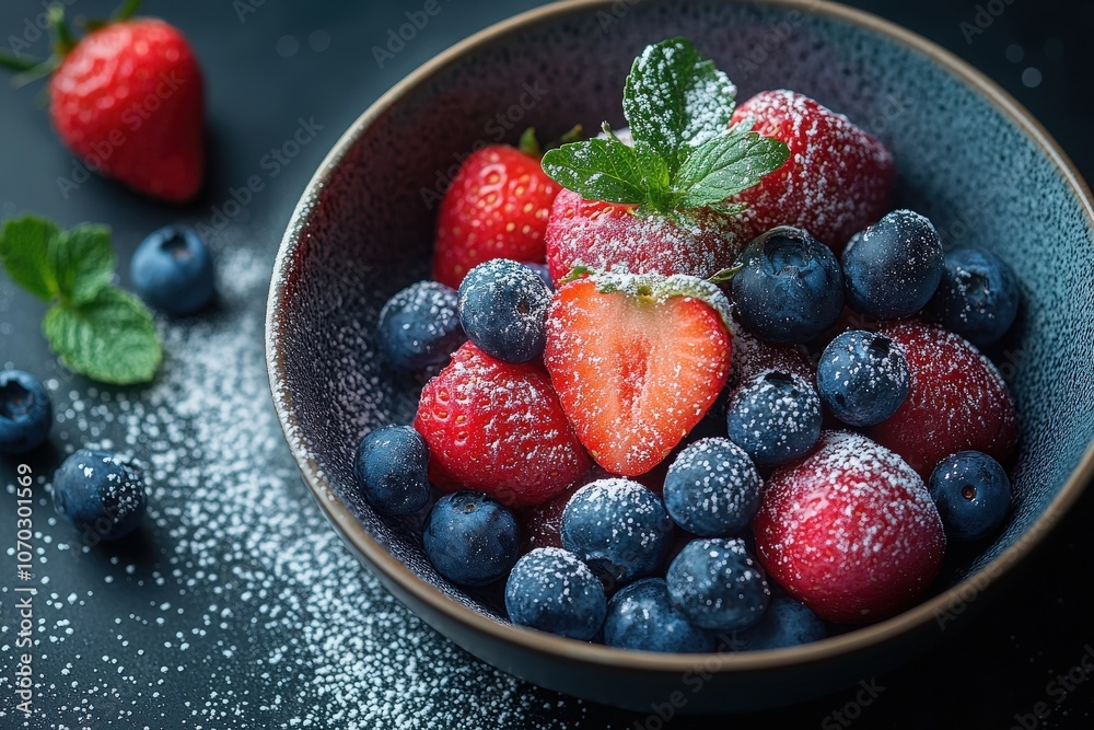 A bowl brimming with vibrant strawberries and blueberries, dusted with powdered sugar, rests on a dark background, showcasing the deliciousness of fresh summer fruits.