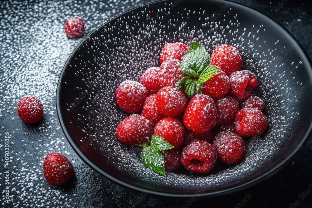 A bowl filled with vibrant, fresh berries lies on a textured black surface, dusted with powdered sugar and garnished with mint leaves. The arrangement captures a delightful culinary treat.