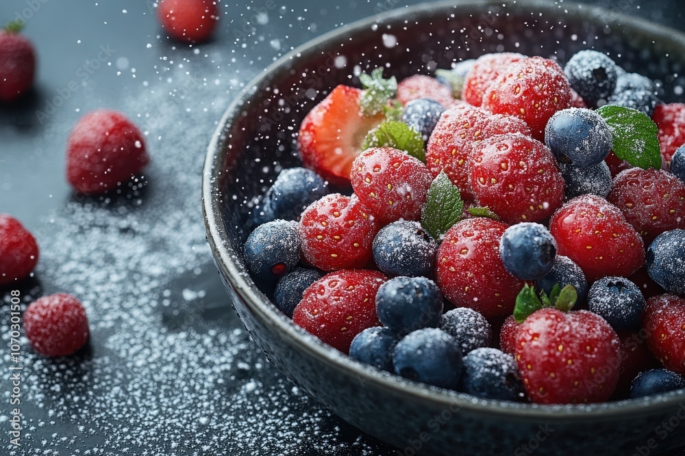 A bowl filled with vibrant red and blue berries, glistening with fresh water droplets. A light dusting of sugar enhances the visual appeal, perfect for a healthy snack or dessert.