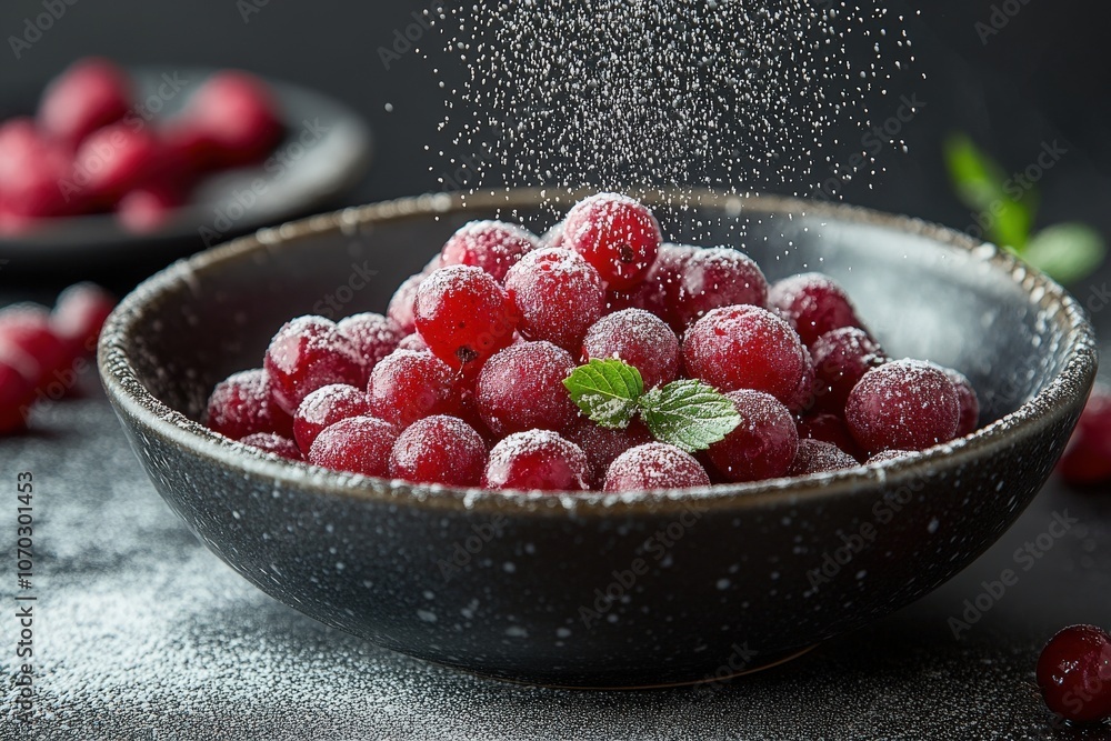 A bowl filled with vibrant red berries is dusted with powdered sugar, accompanied by a sprig of mint, creating an inviting and refreshing display against a dark backdrop.