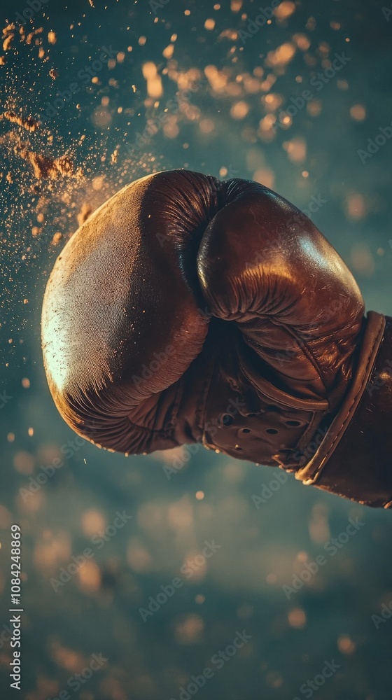 A boxing glove delivers a strong punch, creating a cloud of dust and motion. This intense moment captures the energy and determination found in a competitive boxing match.
