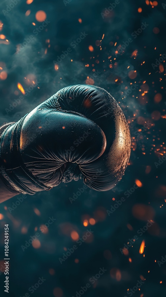 A boxing glove makes a forceful impact, surrounded by swirling smoke and sparks. The close-up captures the energy and intensity of the moment, showcasing the power of the sport.