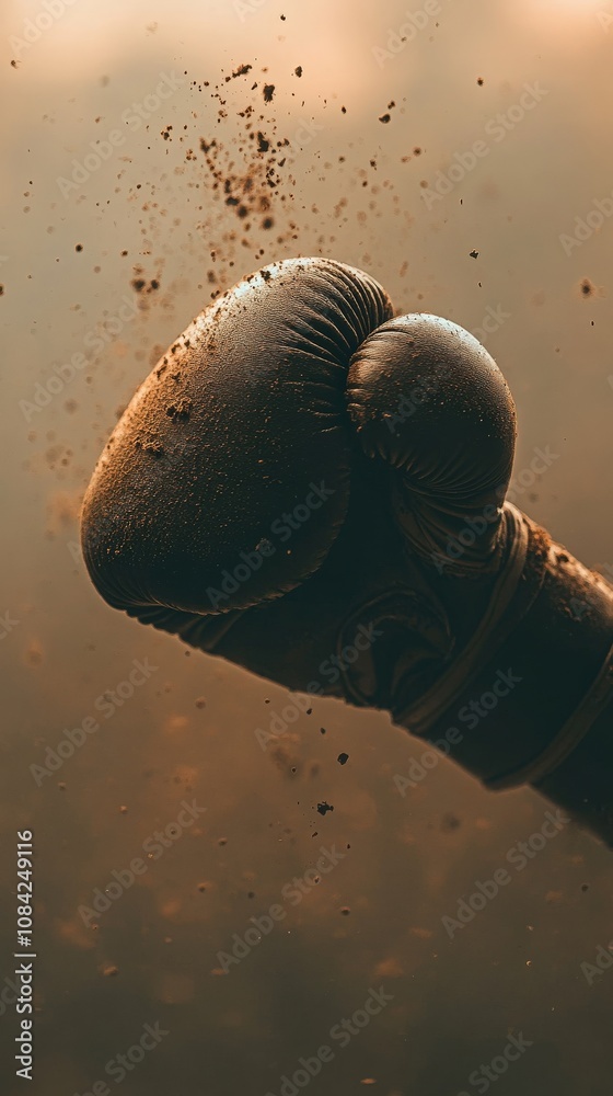 A boxing glove strikes forcefully, creating a cloud of dust, showcasing the intensity of an active training session. The moment captures the raw energy and strength involved in the sport.