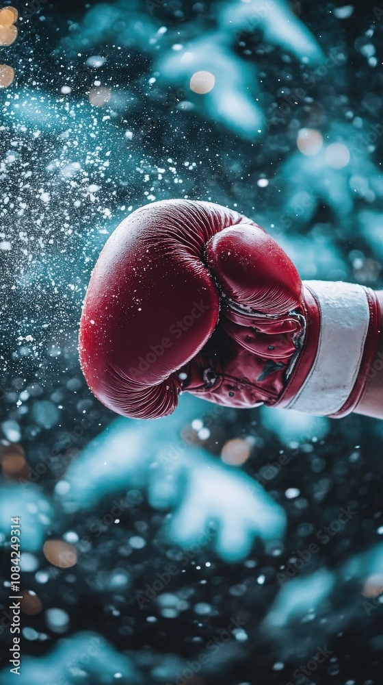 A boxing glove thrusts forward, breaking through a flurry of snowflakes in a wintry atmosphere during twilight. The scene captures the energy and power of a punch amidst the serene environment.