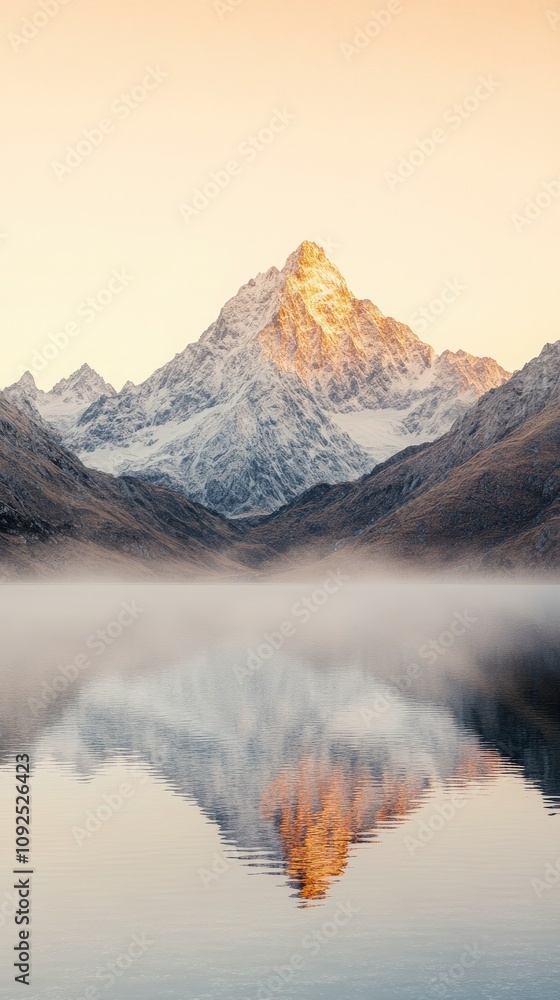 A breathtaking mountain towers above a calm lake, with its peak illuminated by the first light of dawn. Wispy mist hovers over the waters surface, creating a tranquil atmosphere.